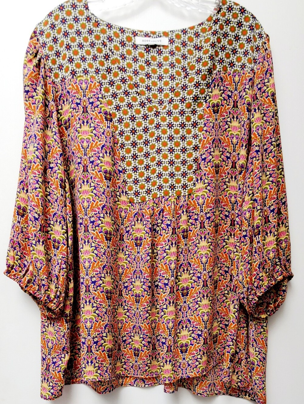 Rose & Olive Floral Boho Peasant Tunic Purple Orange 3/4 Baloon Sleeves Size 1X